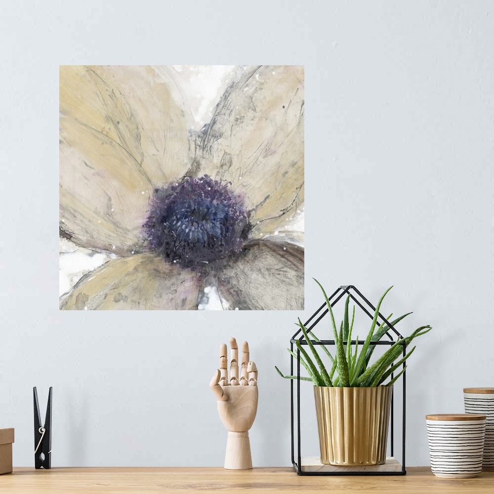 A bohemian room featuring A contemporary painting of a close-up view of a cream toned flower with a purple center.