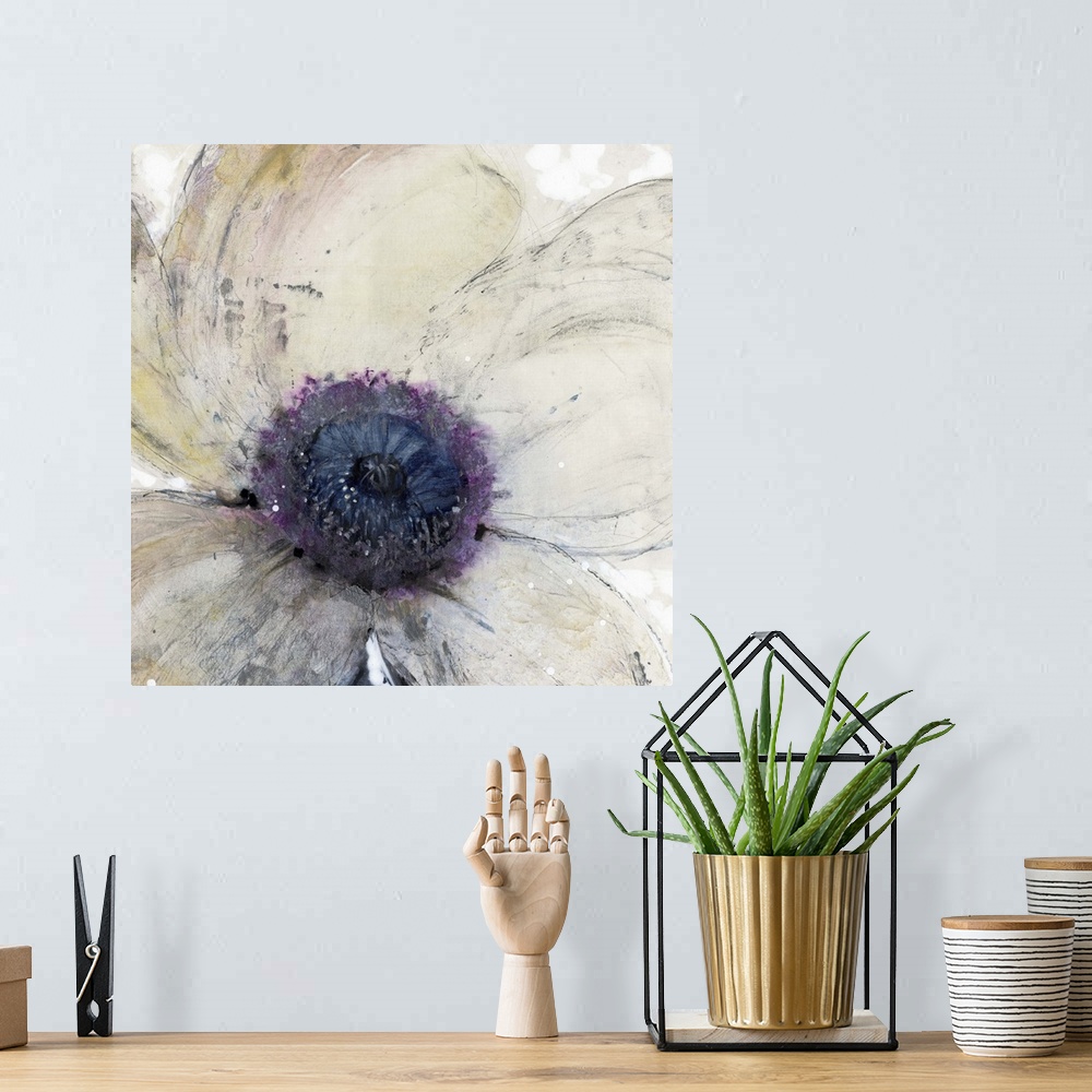 A bohemian room featuring A contemporary painting of a close-up view of a cream toned flower with a purple center.