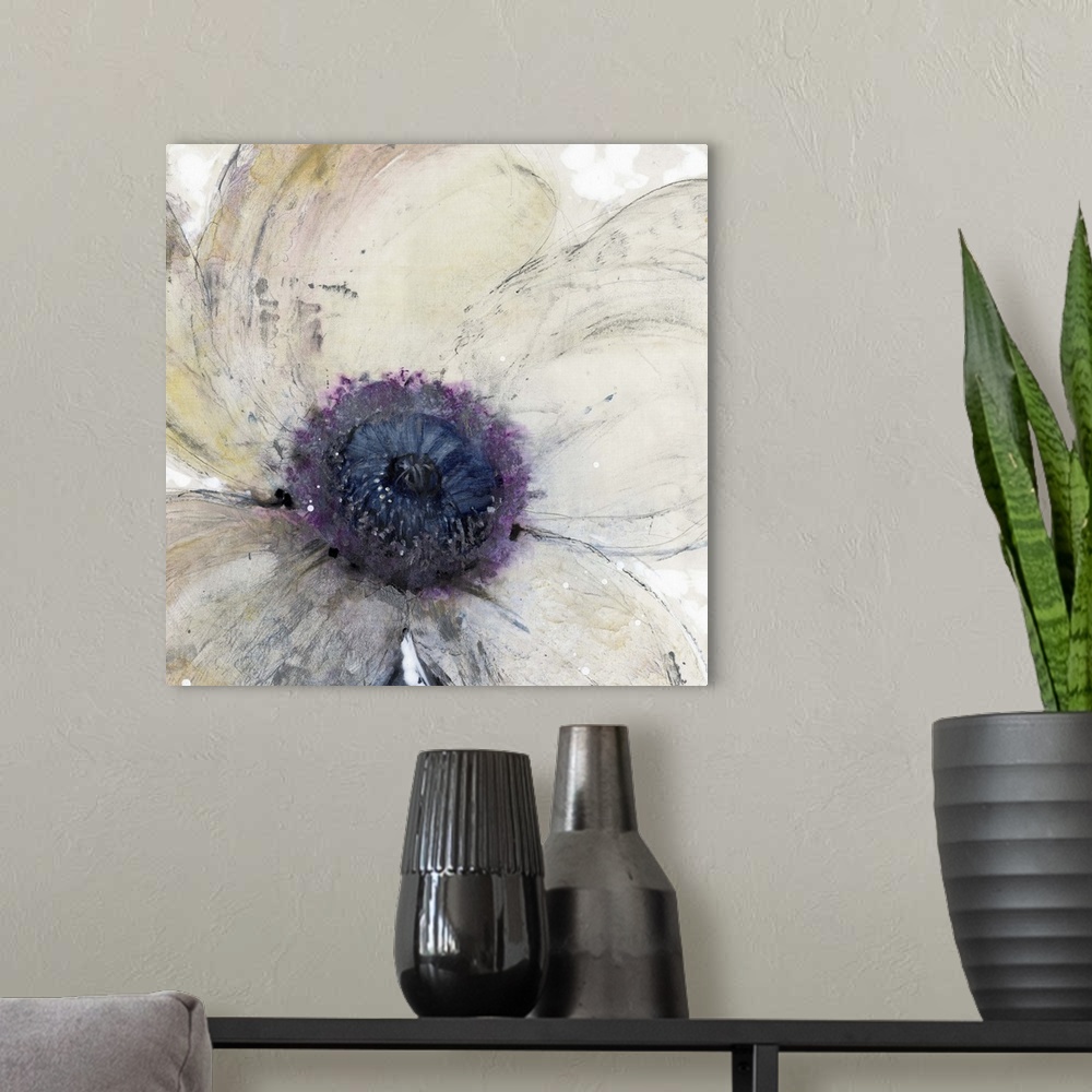 A modern room featuring A contemporary painting of a close-up view of a cream toned flower with a purple center.