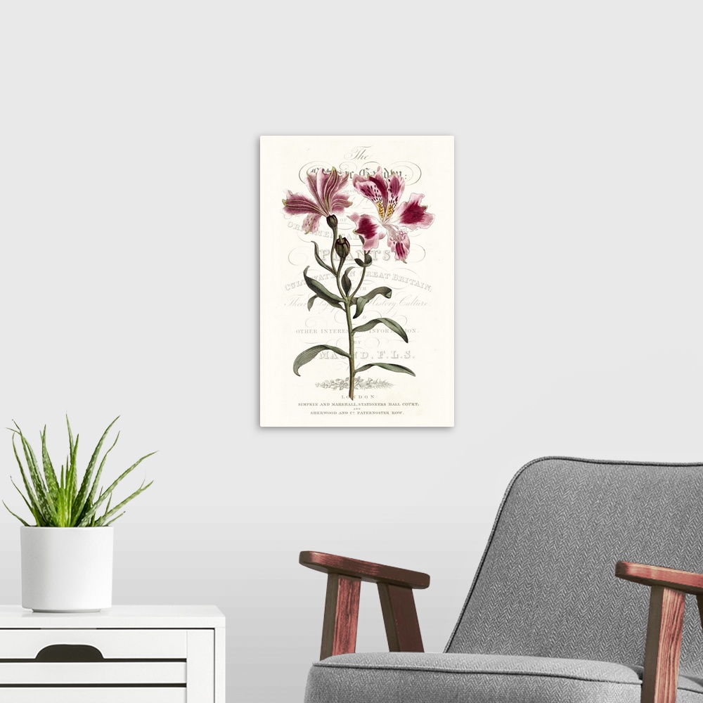 A modern room featuring This botanical illustration features a pink flower over decorative text on a neutral background.