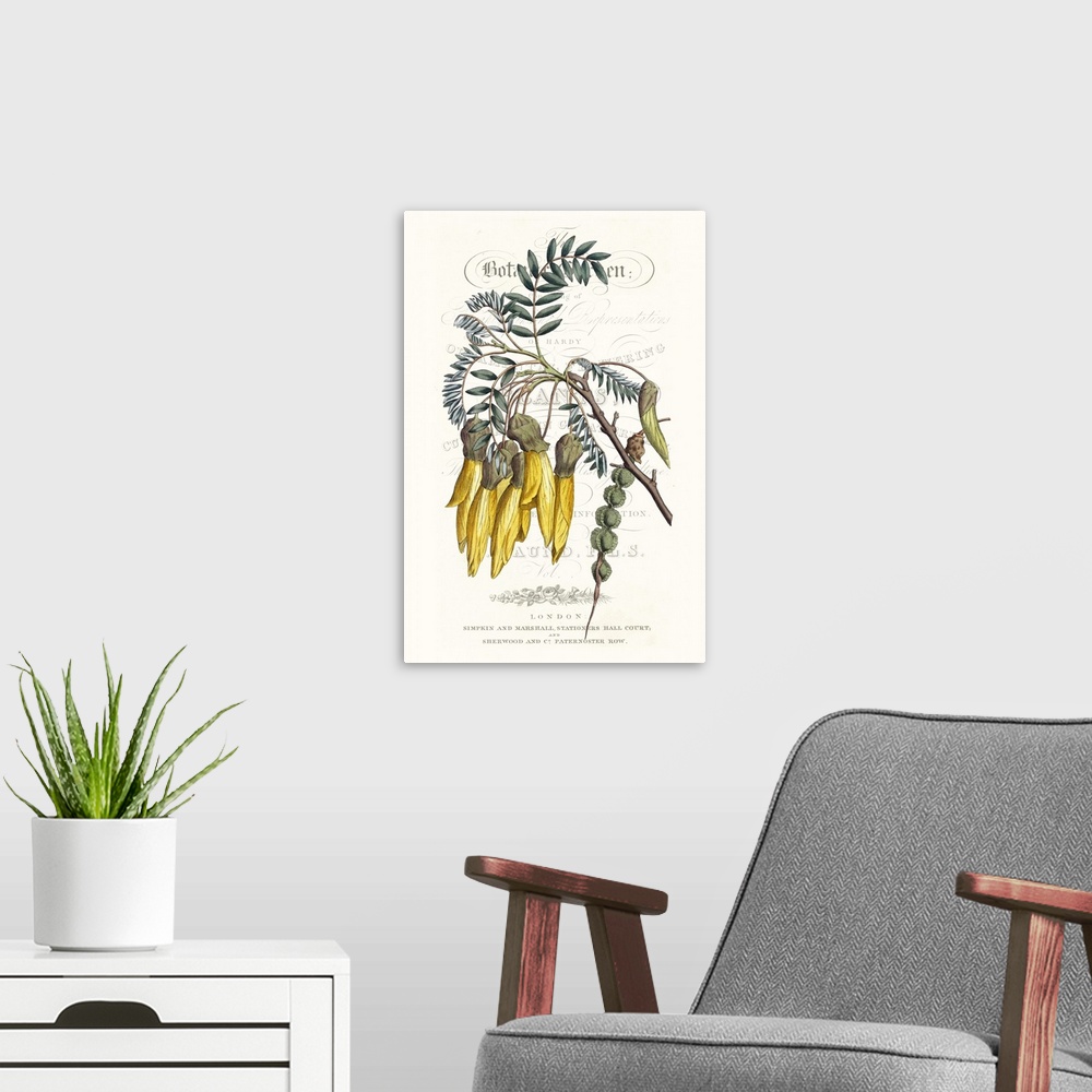 A modern room featuring This botanical illustration features a yellow flower over decorative text on a neutral background.