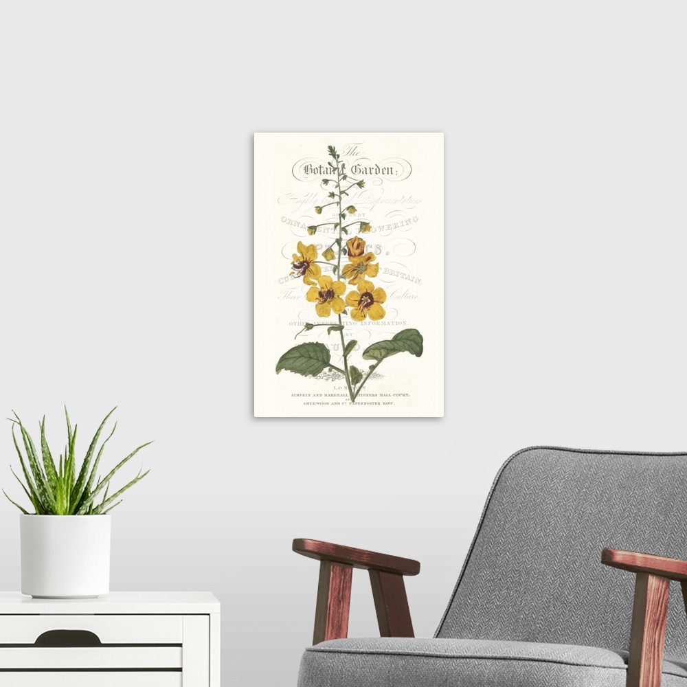A modern room featuring This botanical illustration features a yellow flower over decorative text on a neutral background.