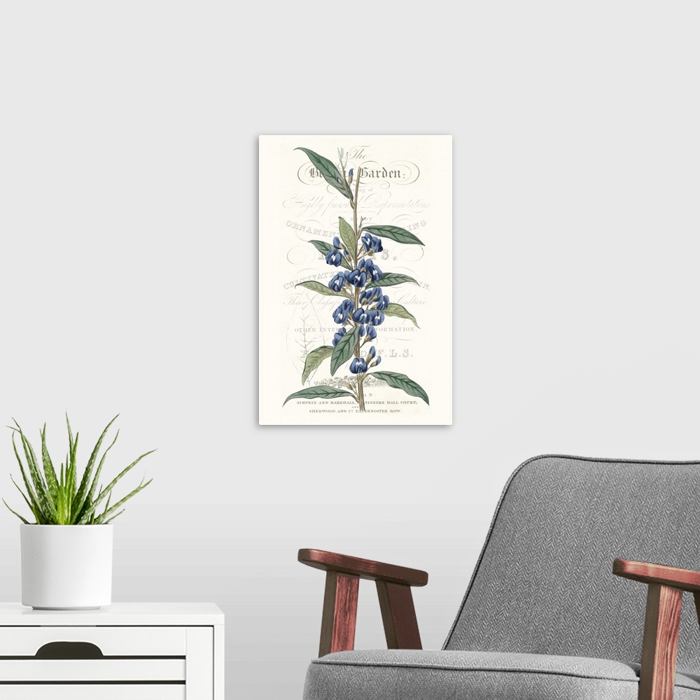 A modern room featuring This botanical illustration features a blue flower over decorative text on a neutral background.