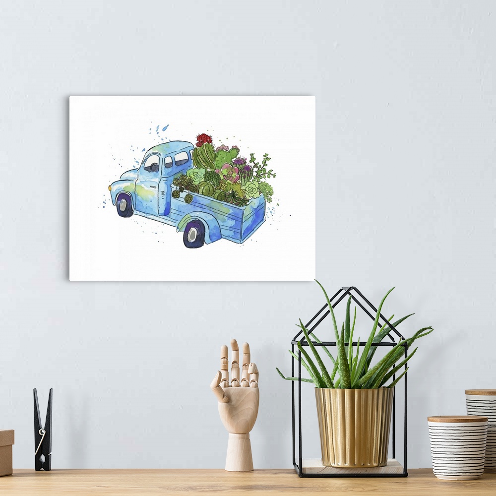 A bohemian room featuring One painting in a series of watercolor scenes featuring a vintage truck packed full of plants and...