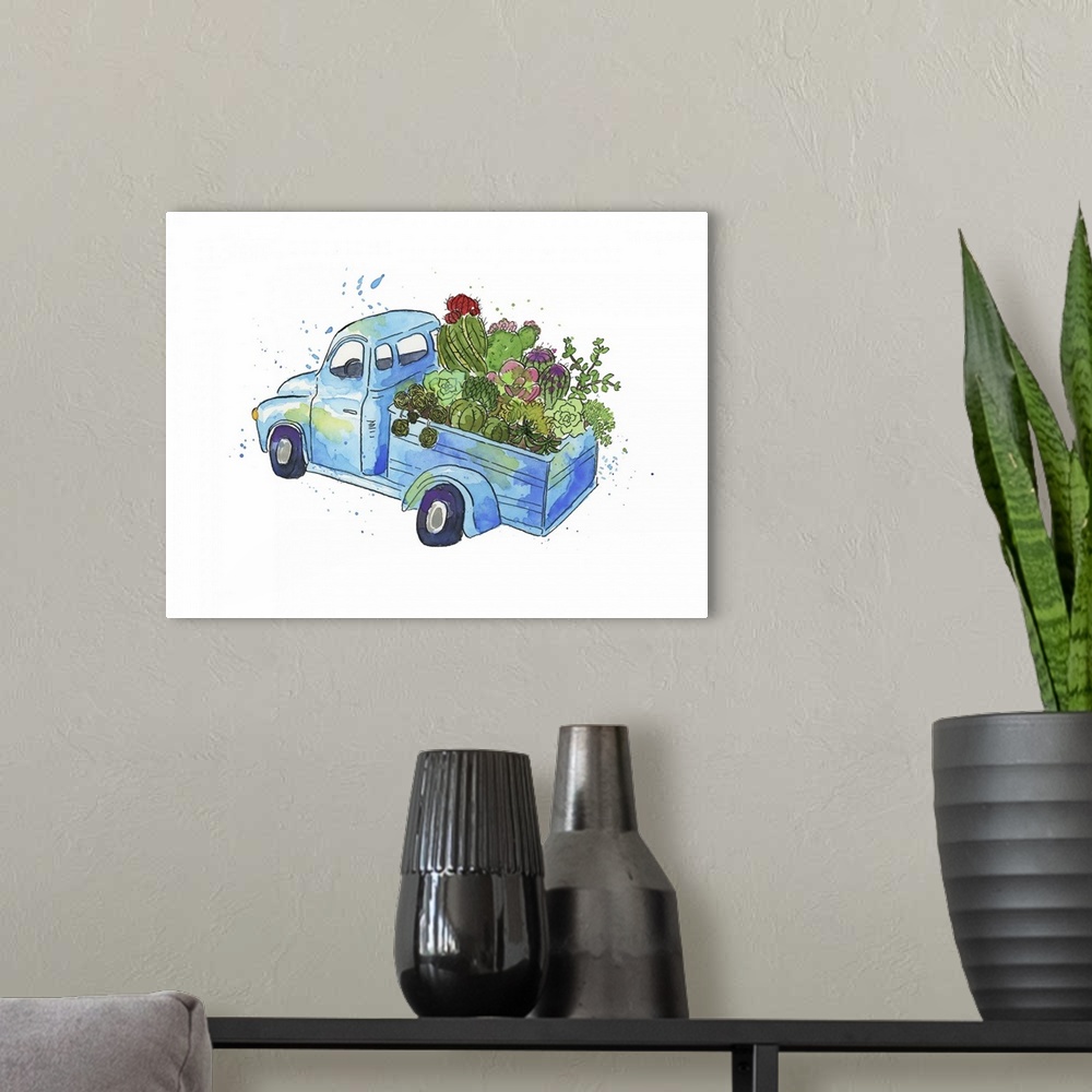 A modern room featuring One painting in a series of watercolor scenes featuring a vintage truck packed full of plants and...