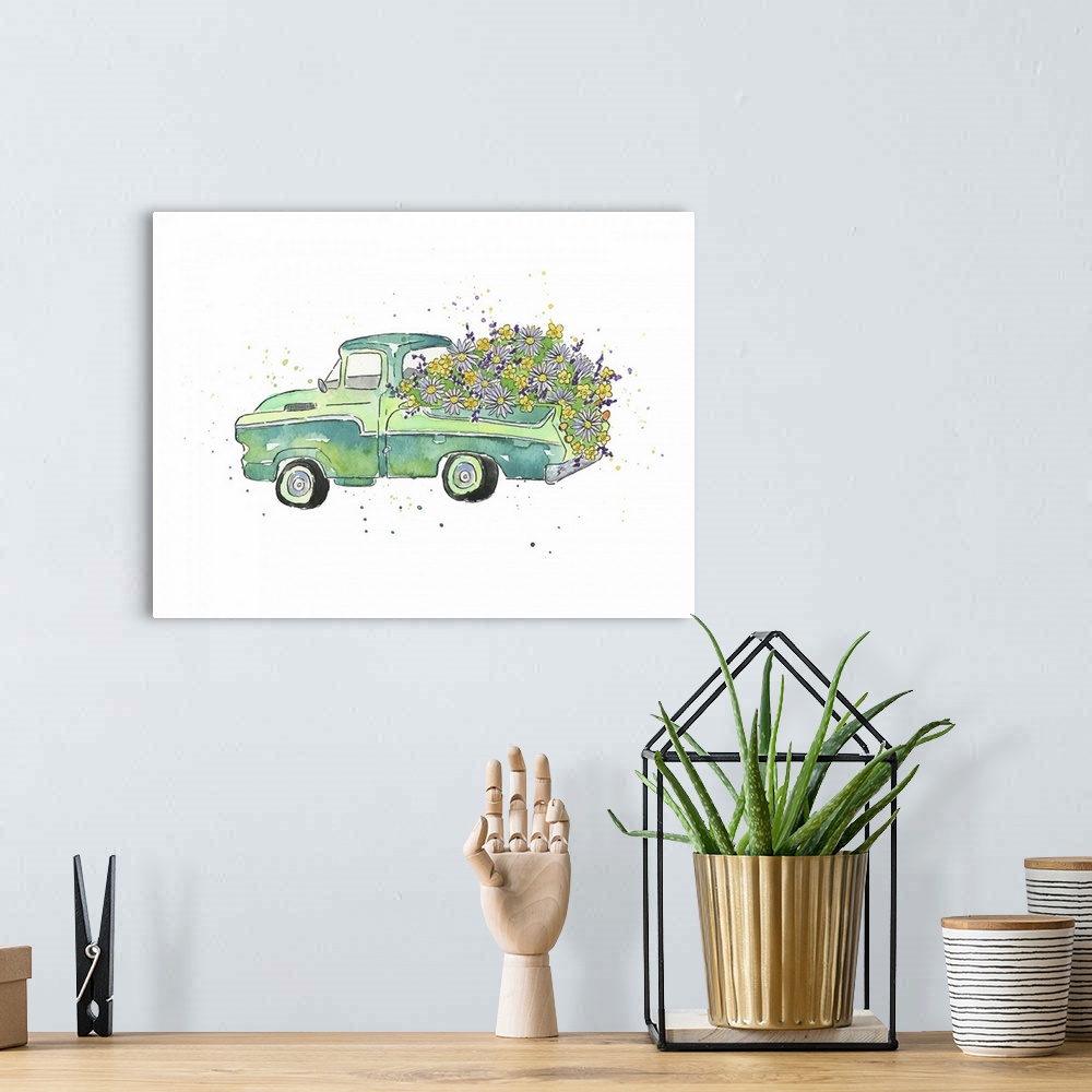 A bohemian room featuring One painting in a series of watercolor scenes featuring a vintage truck packed full of plants and...