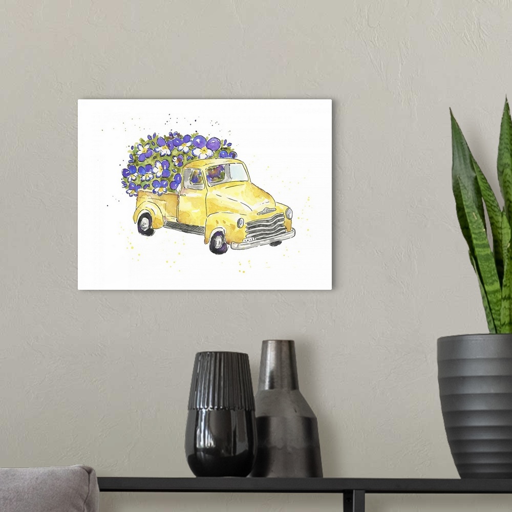 A modern room featuring One painting in a series of watercolor scenes featuring a vintage truck packed full of plants and...