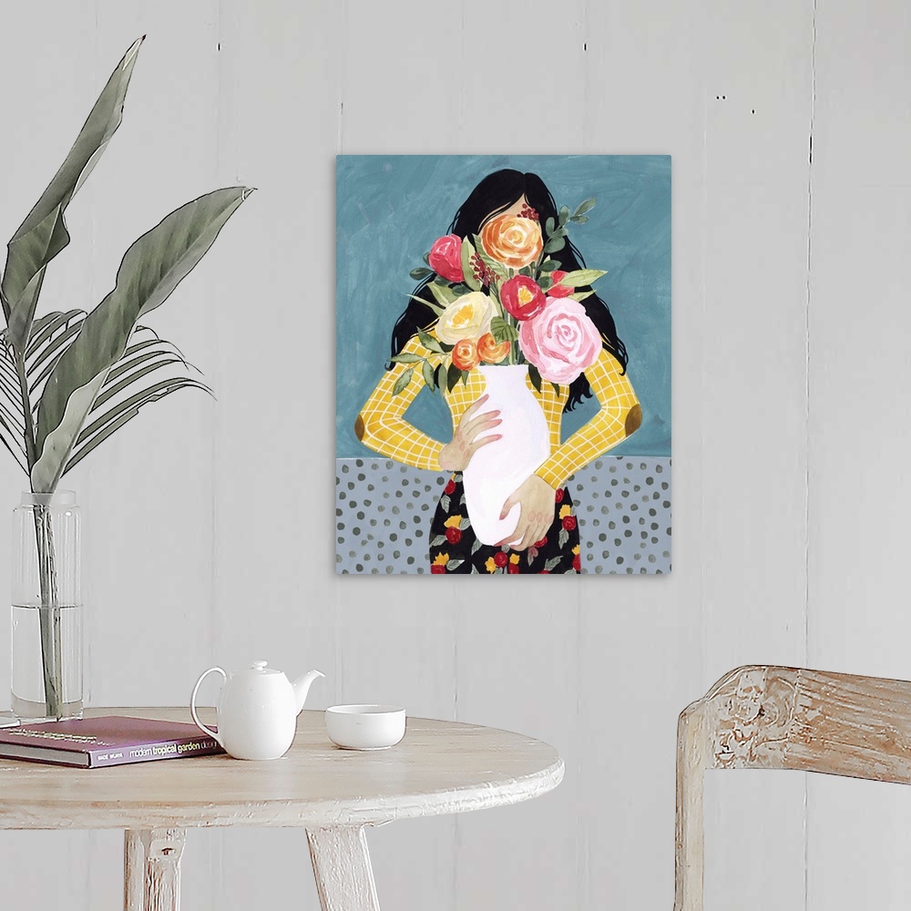A farmhouse room featuring A whimsical contemporary illustration of a girl hidden behind the large vase of flowers she is ca...