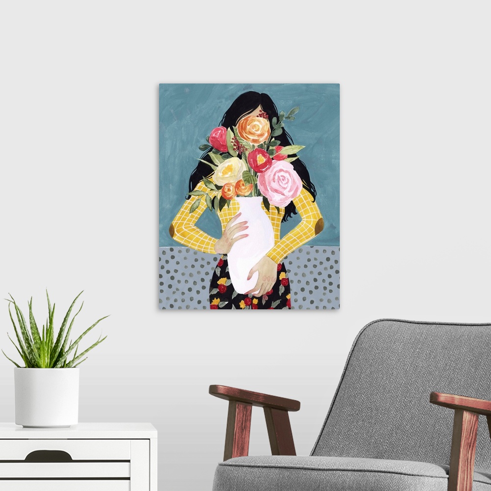 A modern room featuring A whimsical contemporary illustration of a girl hidden behind the large vase of flowers she is ca...