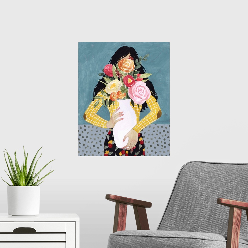 A modern room featuring A whimsical contemporary illustration of a girl hidden behind the large vase of flowers she is ca...