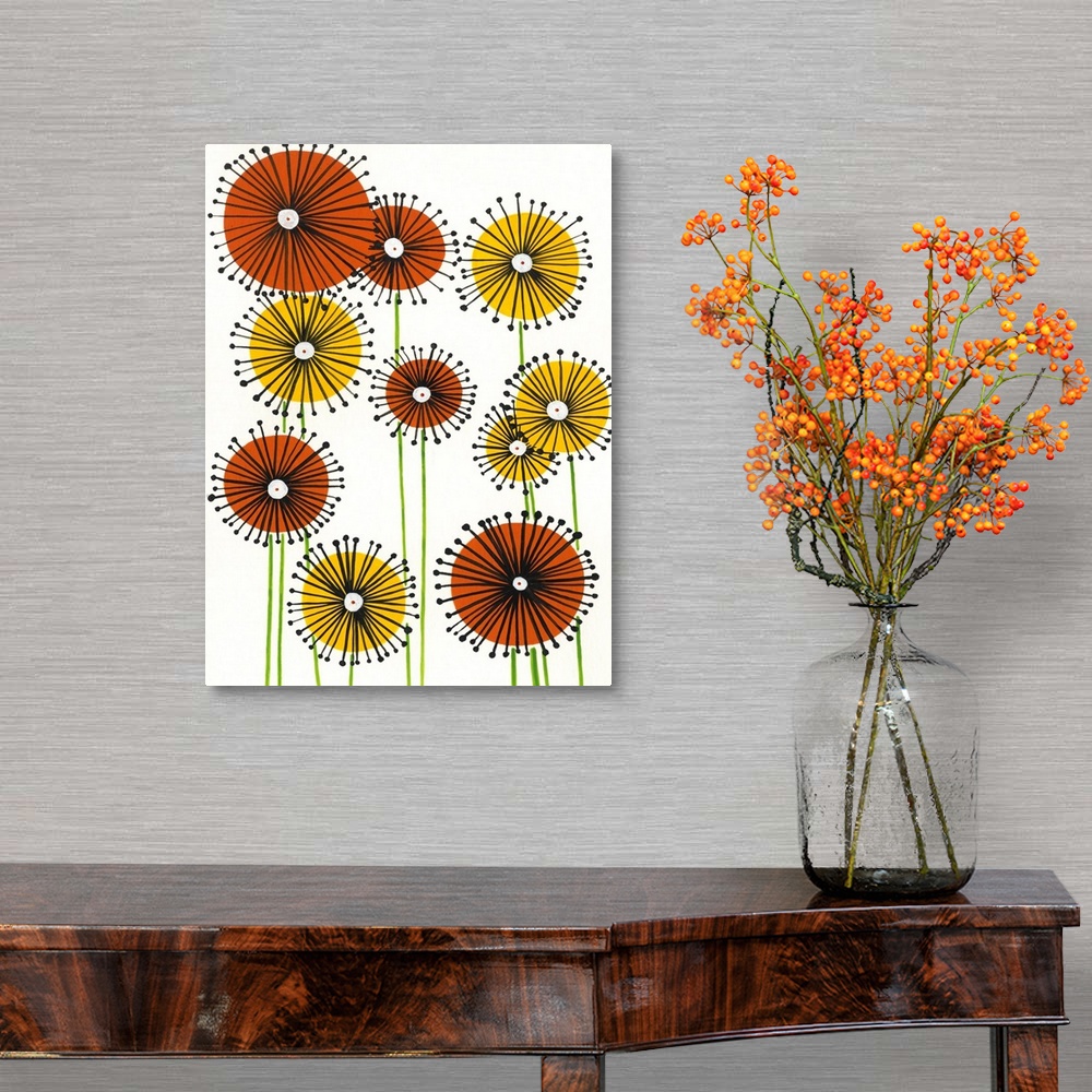 A traditional room featuring Vertical painting of circular yellow and orange flowers on a white background.