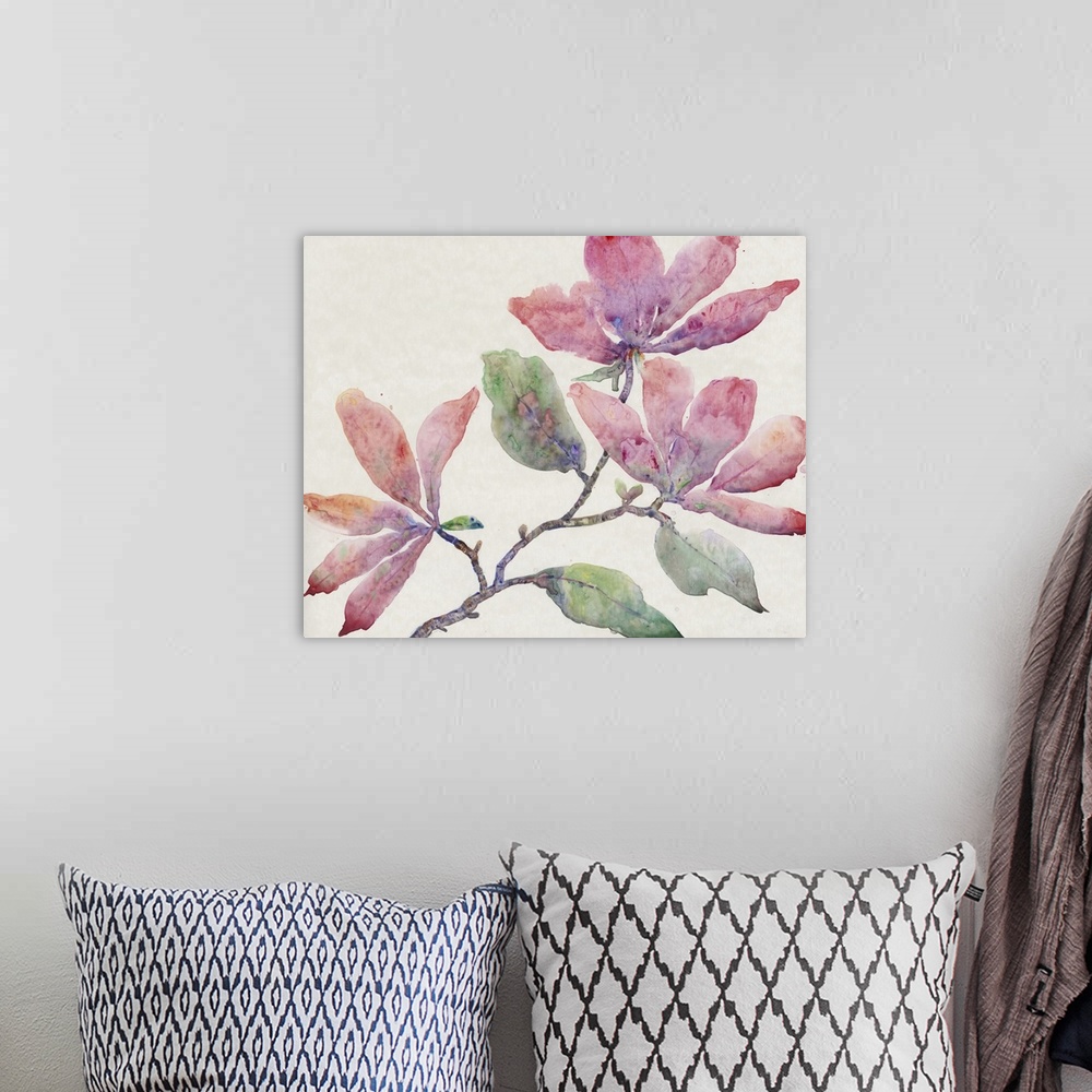 A bohemian room featuring Stylish watercolor painting of a floral filled branch of blended tones of red, purple, orange and...