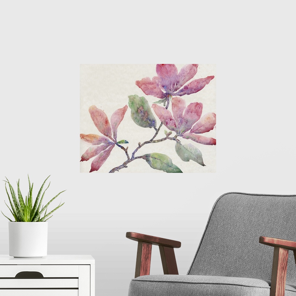 A modern room featuring Stylish watercolor painting of a floral filled branch of blended tones of red, purple, orange and...