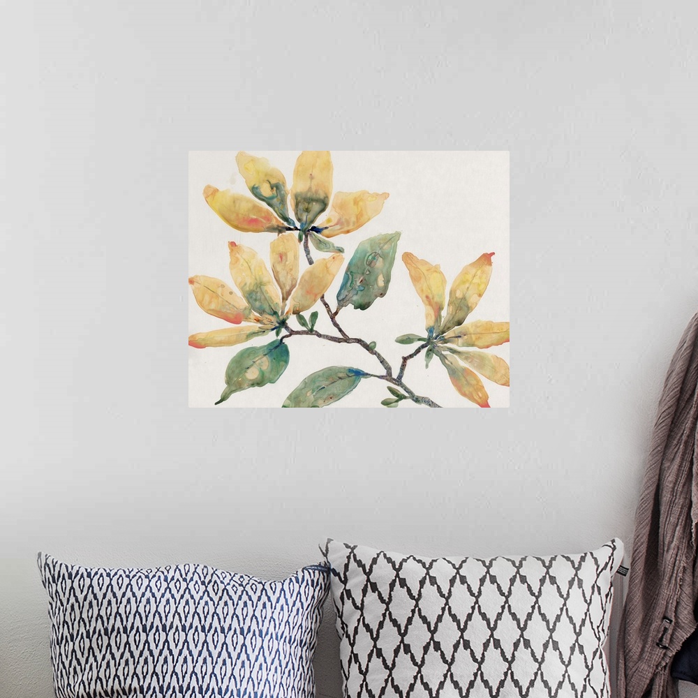 A bohemian room featuring Stylish watercolor painting of a floral filled branch of blended tones of yellow, blue, orange an...