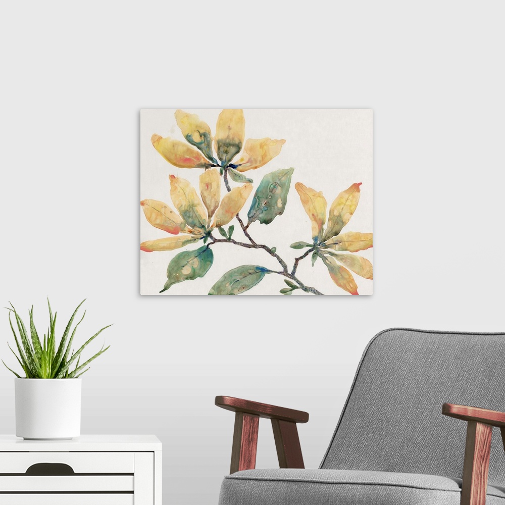 A modern room featuring Stylish watercolor painting of a floral filled branch of blended tones of yellow, blue, orange an...