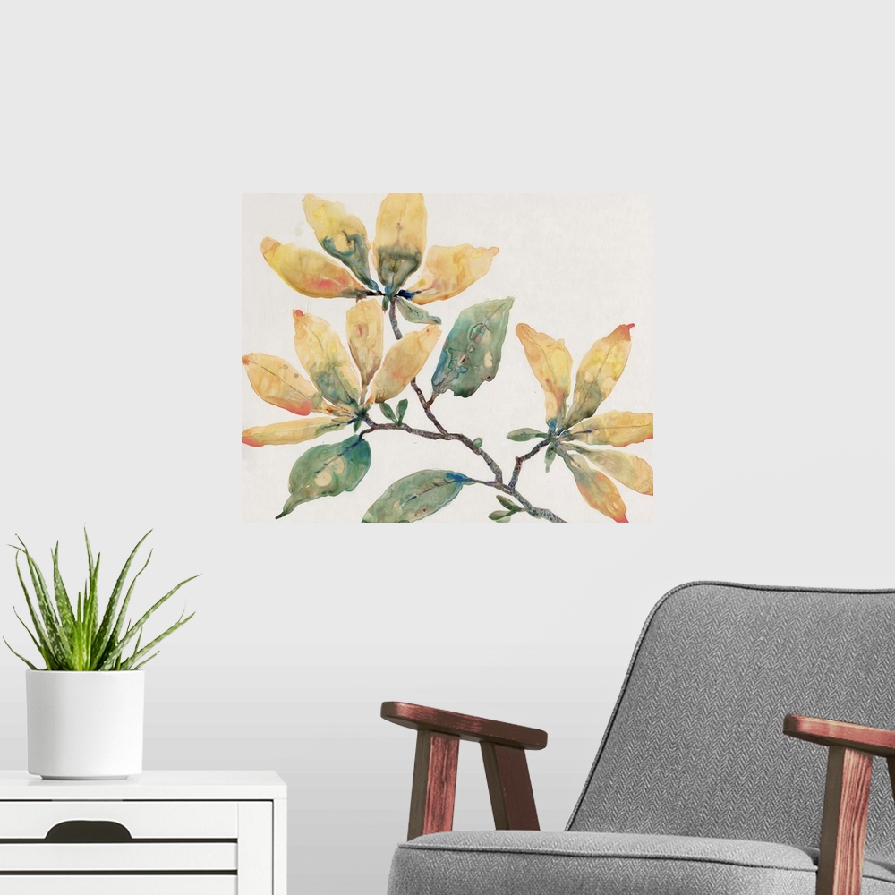 A modern room featuring Stylish watercolor painting of a floral filled branch of blended tones of yellow, blue, orange an...