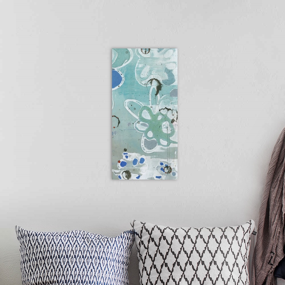 A bohemian room featuring Contemporary abstract painting in blue teal tones of organic floral shapes.