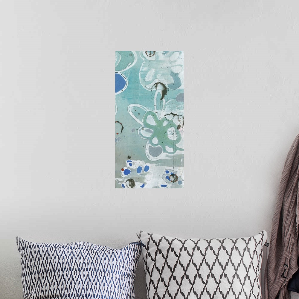 A bohemian room featuring Contemporary abstract painting in blue teal tones of organic floral shapes.