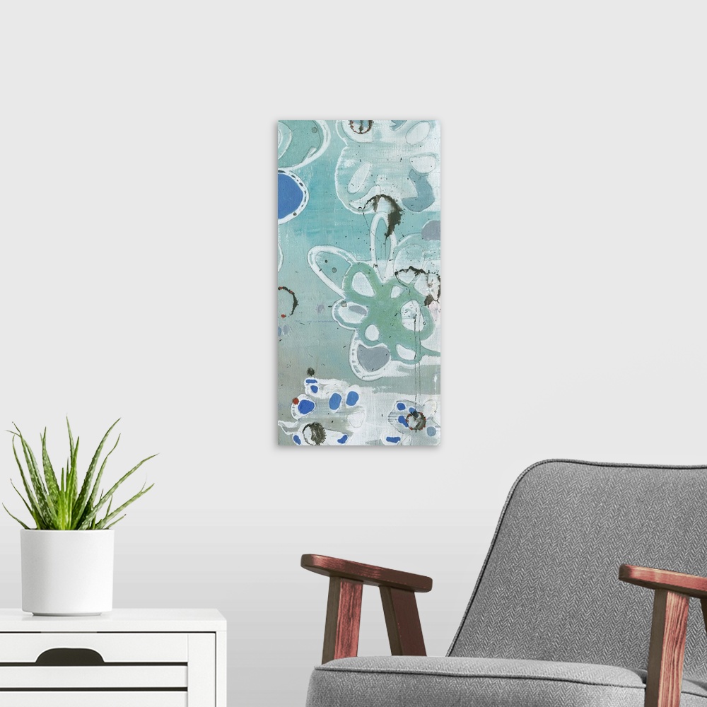 A modern room featuring Contemporary abstract painting in blue teal tones of organic floral shapes.