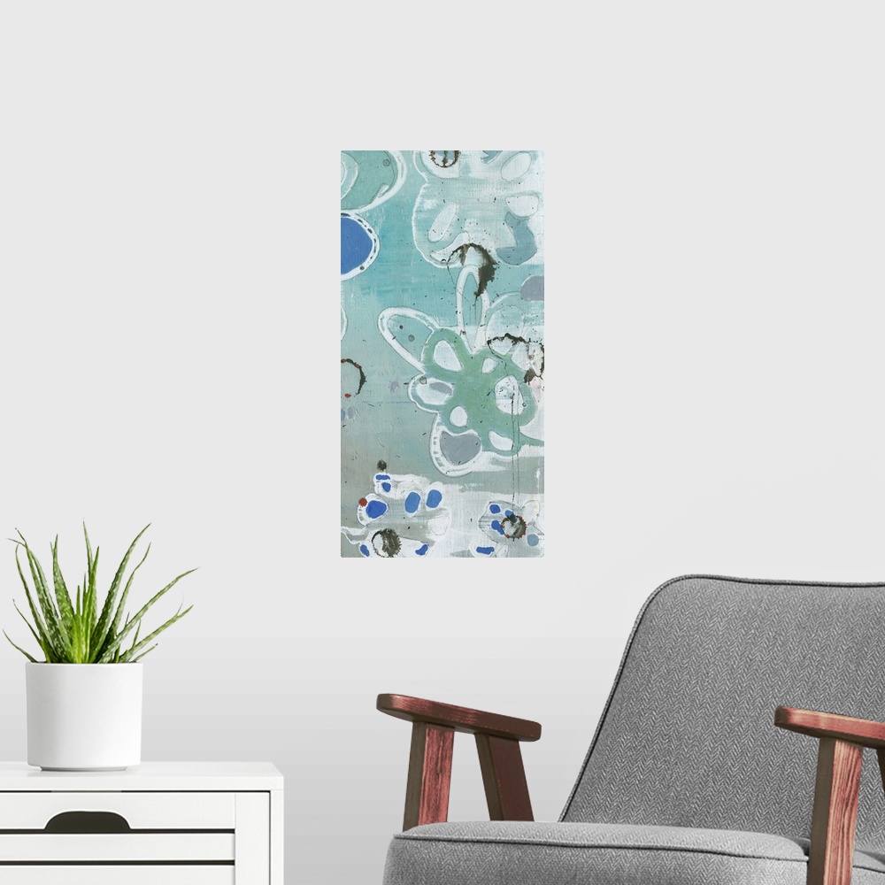 A modern room featuring Contemporary abstract painting in blue teal tones of organic floral shapes.