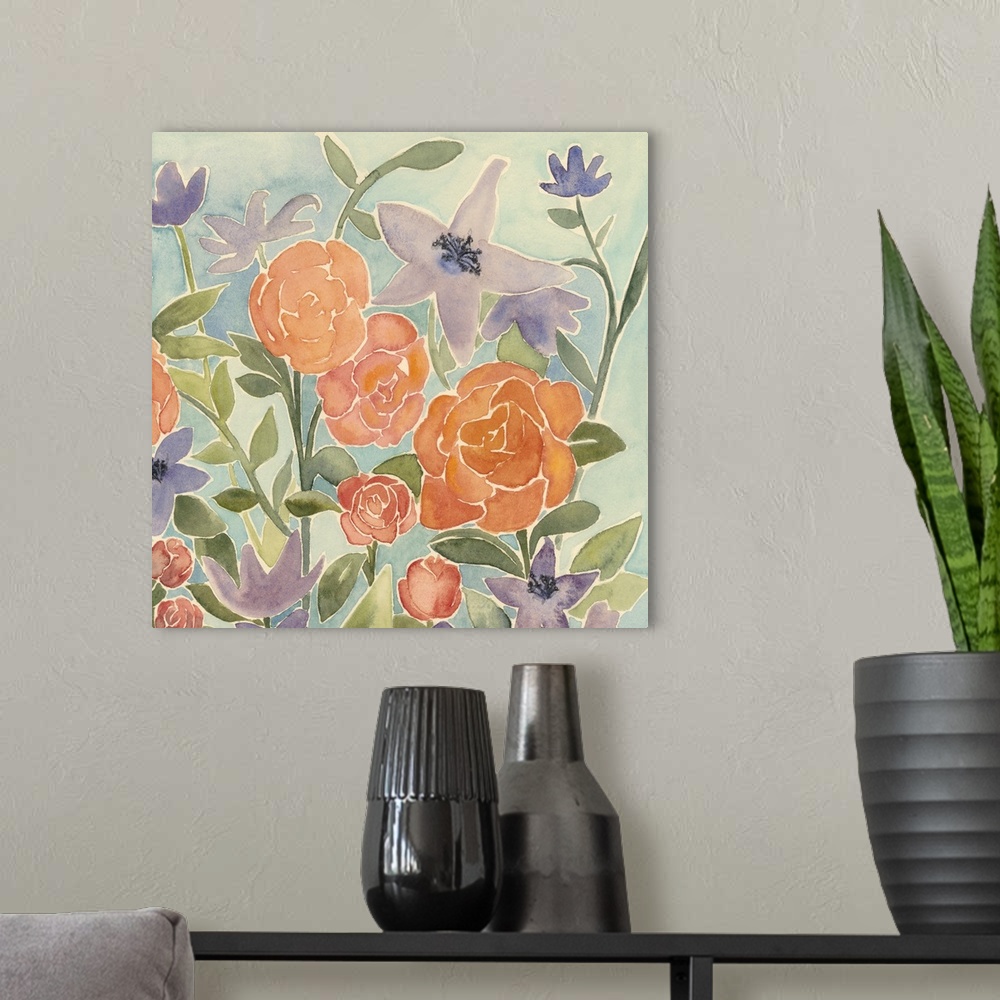 A modern room featuring Contemporary artwork of a bouquet of watercolor flowers.
