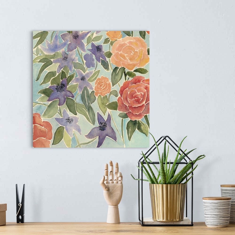 A bohemian room featuring Contemporary artwork of a bouquet of watercolor flowers.