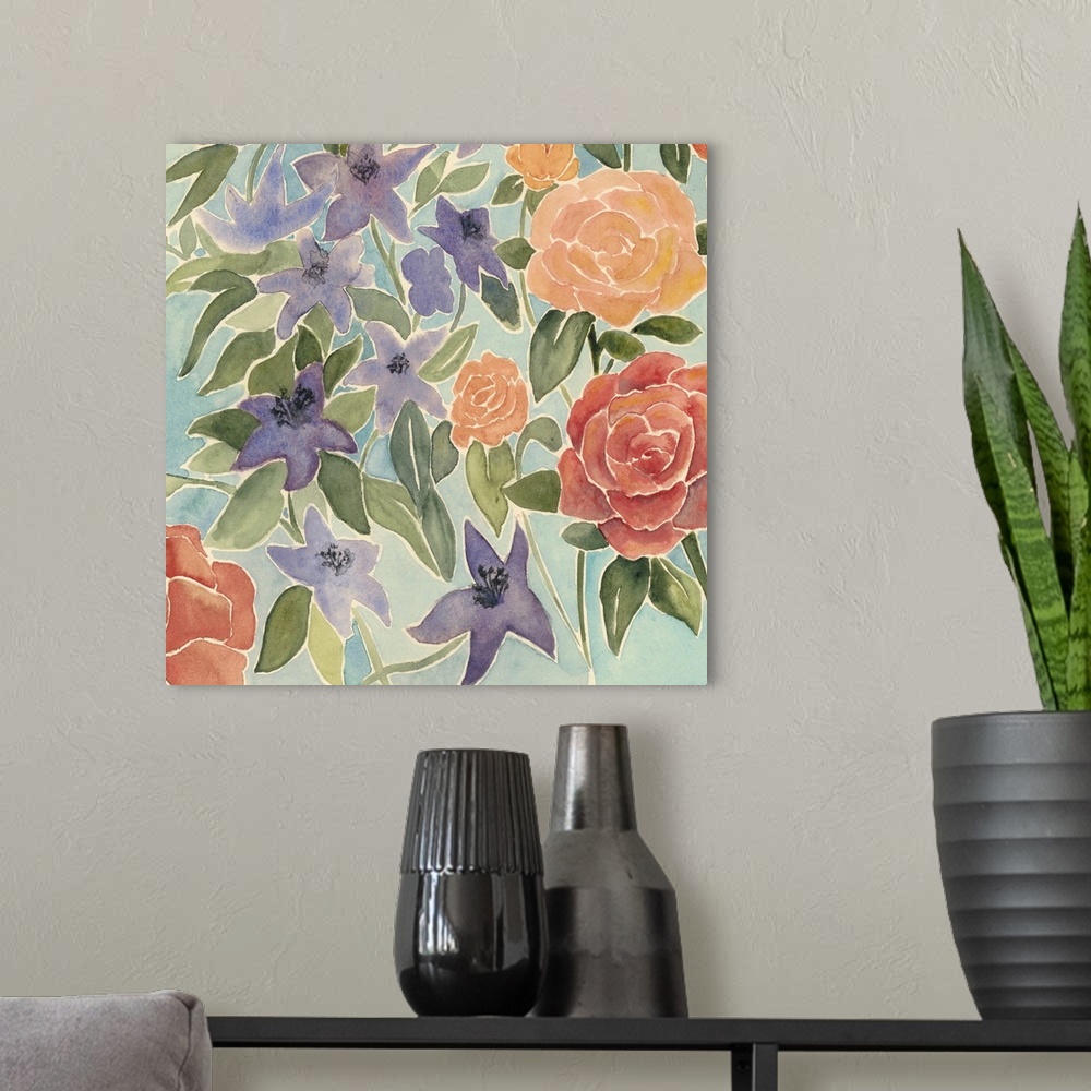 A modern room featuring Contemporary artwork of a bouquet of watercolor flowers.