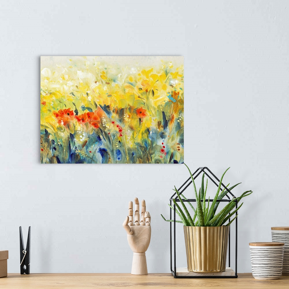 A bohemian room featuring Contemporary painting of a field of a wildflowers in golden yellow and deep red.