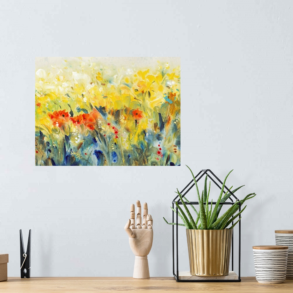 A bohemian room featuring Contemporary painting of a field of a wildflowers in golden yellow and deep red.