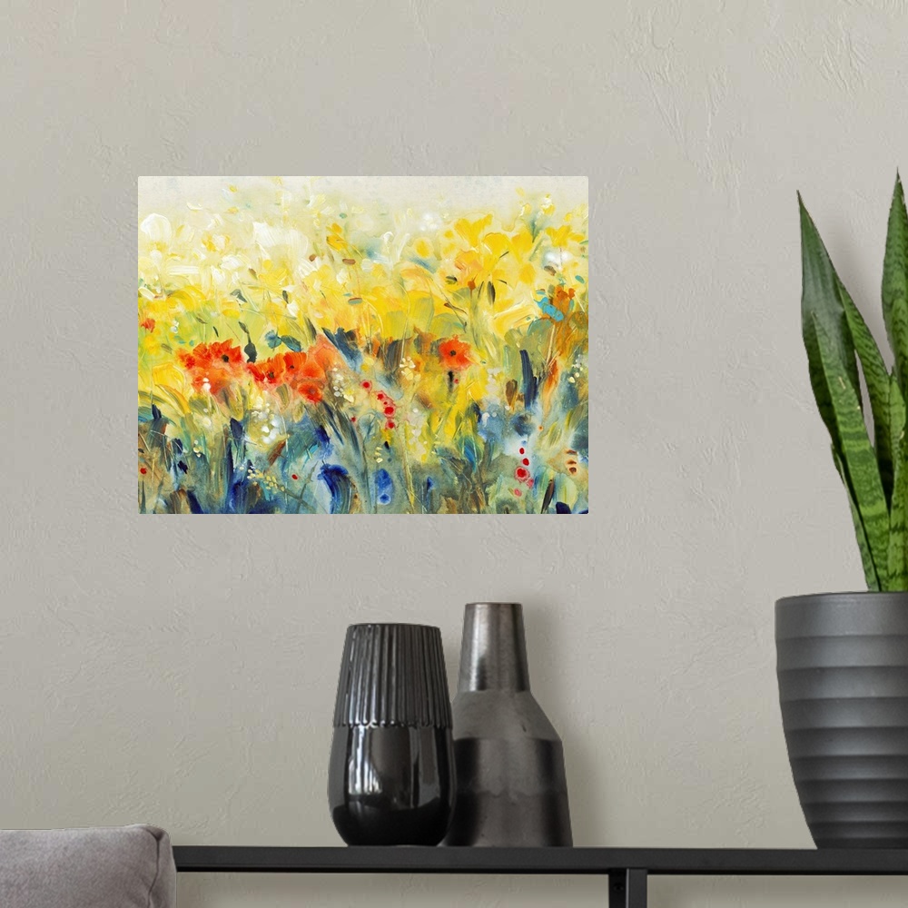 A modern room featuring Contemporary painting of a field of a wildflowers in golden yellow and deep red.