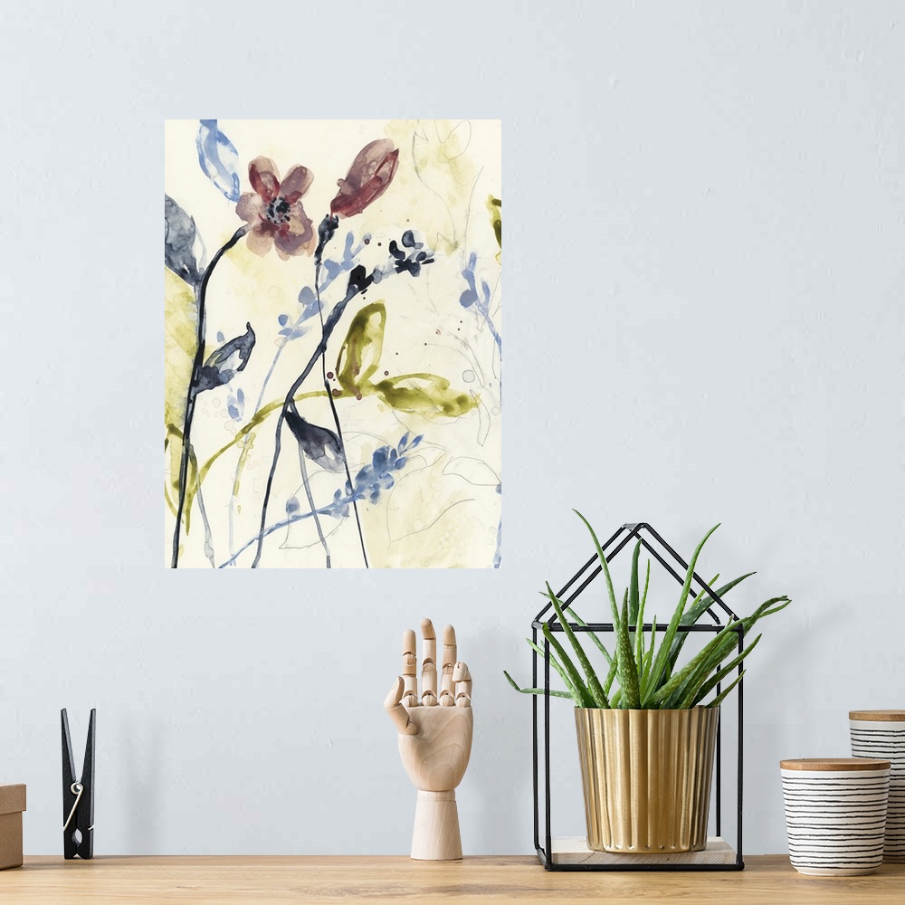 A bohemian room featuring Watercolor painting of wildflowers against a pale background.