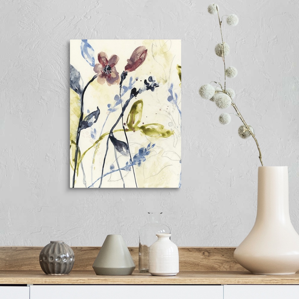 A farmhouse room featuring Watercolor painting of wildflowers against a pale background.
