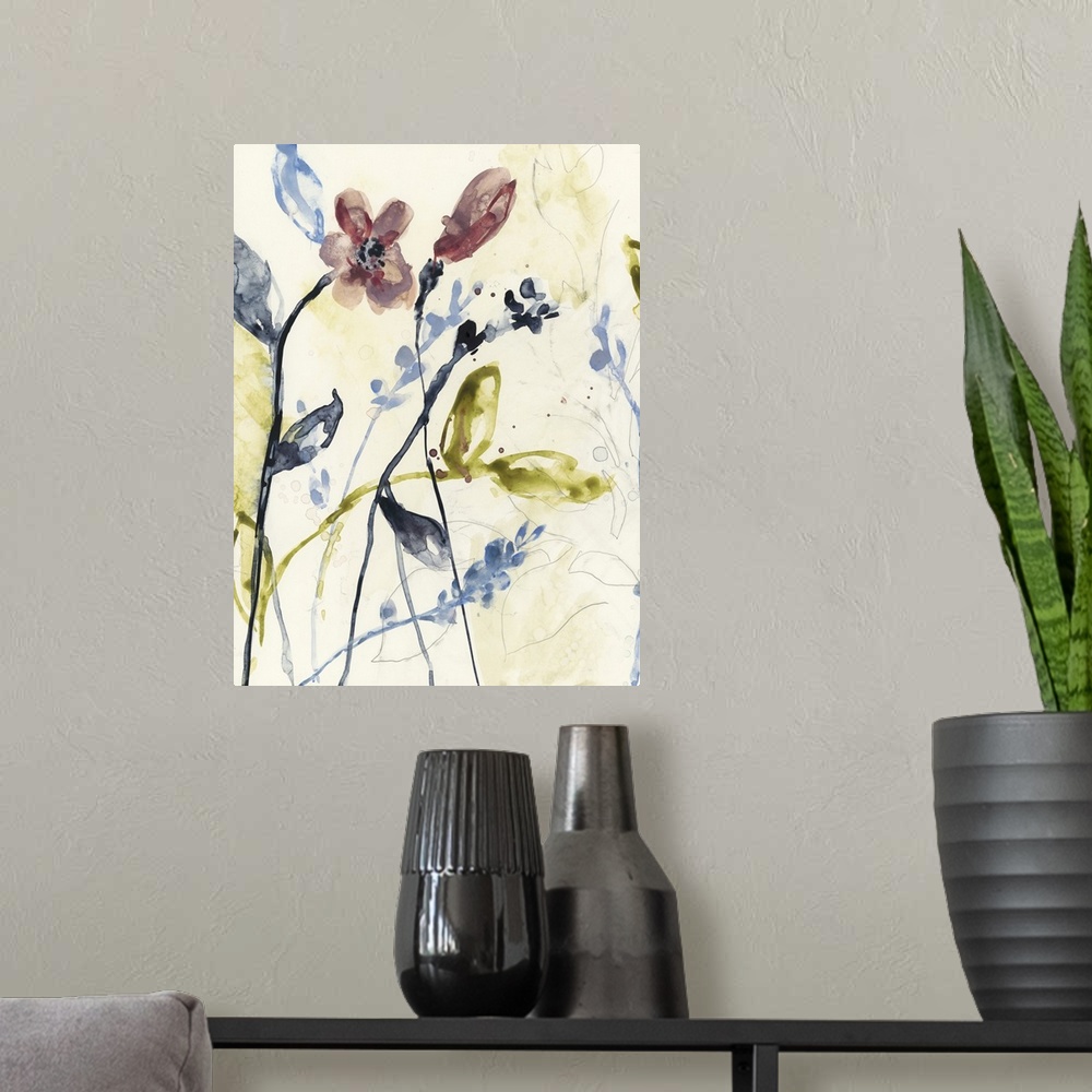 A modern room featuring Watercolor painting of wildflowers against a pale background.