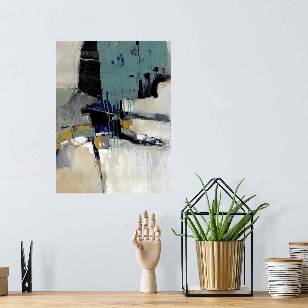 A bohemian room featuring Contemporary artwork with layers of dripping paint and overlapping abstract shapes.