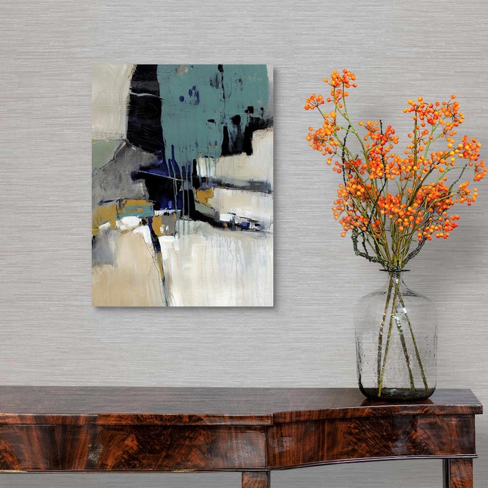 A traditional room featuring Contemporary artwork with layers of dripping paint and overlapping abstract shapes.