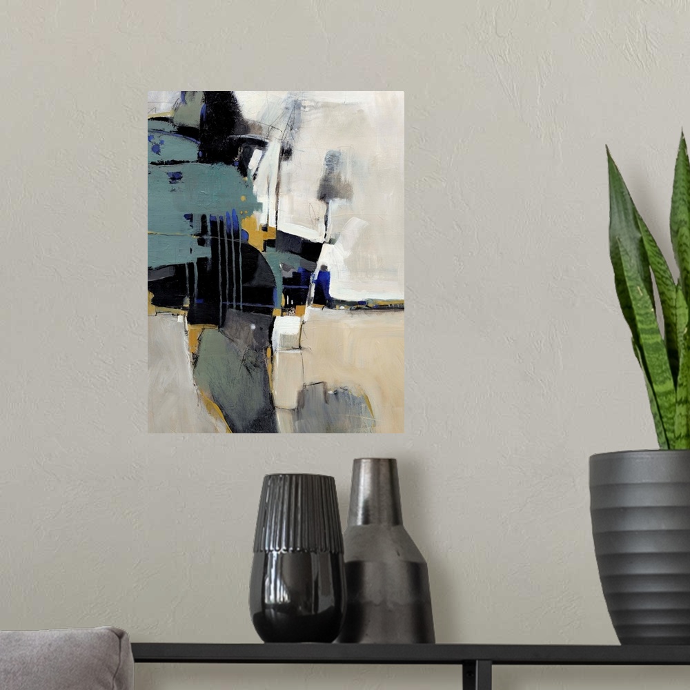 A modern room featuring This vertical contemporary painting is an abstraction of dark shapes contrasting with a light bac...
