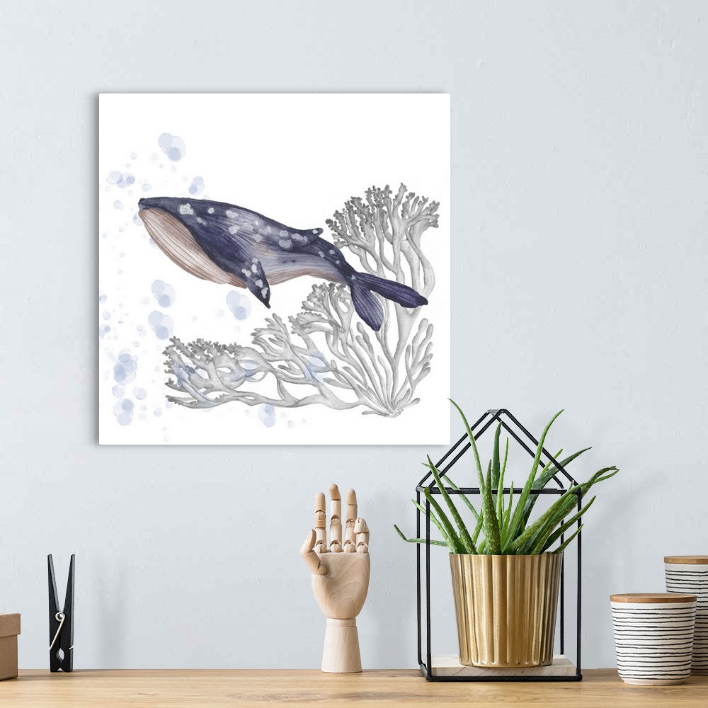 A bohemian room featuring A watercolor painting that features a serene whale swimming with flowing coral behind and soothin...
