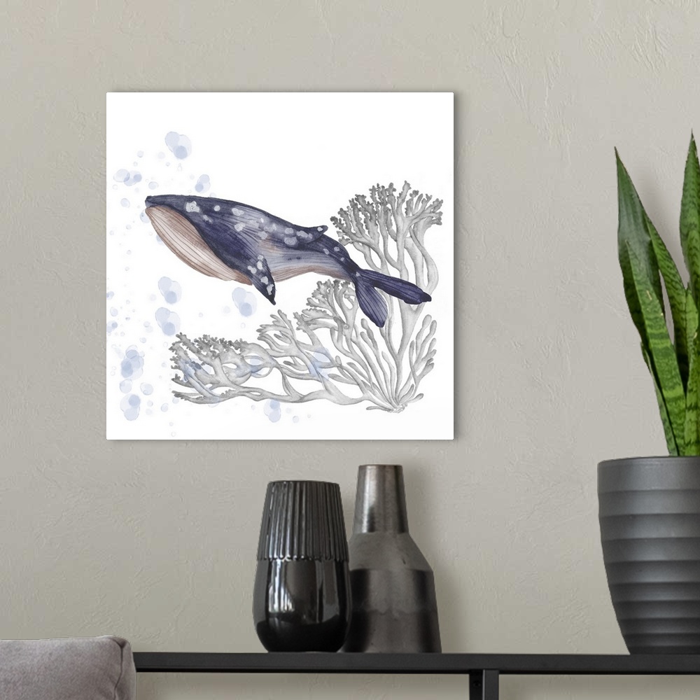 A modern room featuring A watercolor painting that features a serene whale swimming with flowing coral behind and soothin...