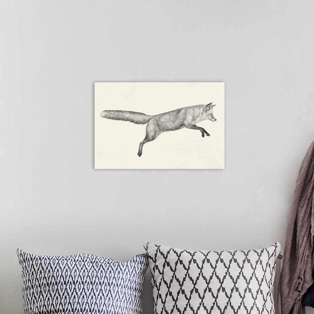 A bohemian room featuring Graphite drawing of a fox leaping through the air.