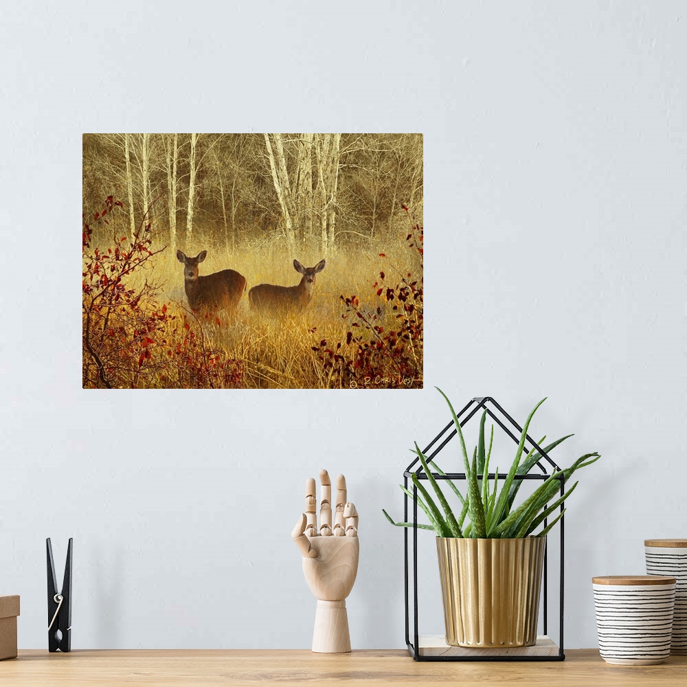 A bohemian room featuring Big, horizontal wall picture of two deer standing in a light fog in a meadow, surrounded by tall ...