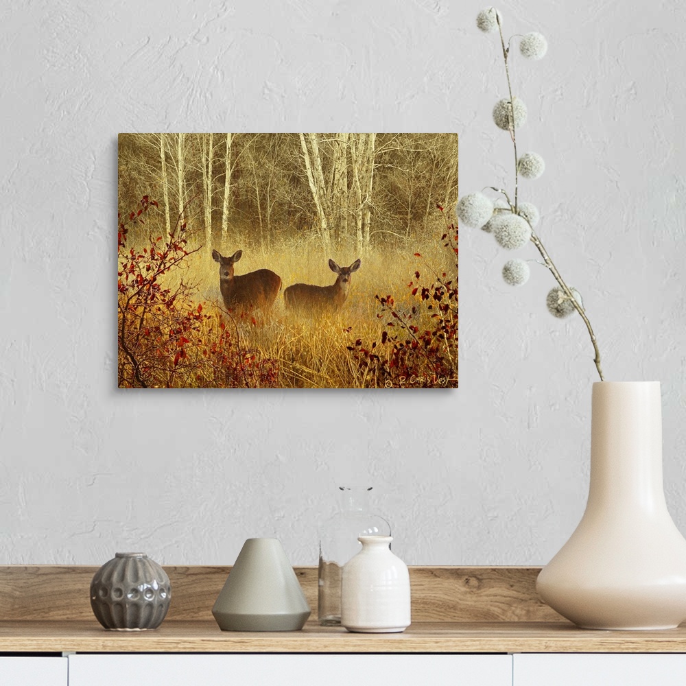 A farmhouse room featuring Big, horizontal wall picture of two deer standing in a light fog in a meadow, surrounded by tall ...
