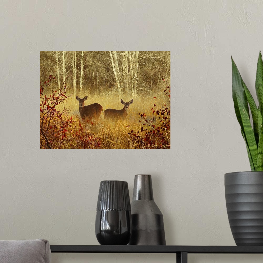 A modern room featuring Big, horizontal wall picture of two deer standing in a light fog in a meadow, surrounded by tall ...