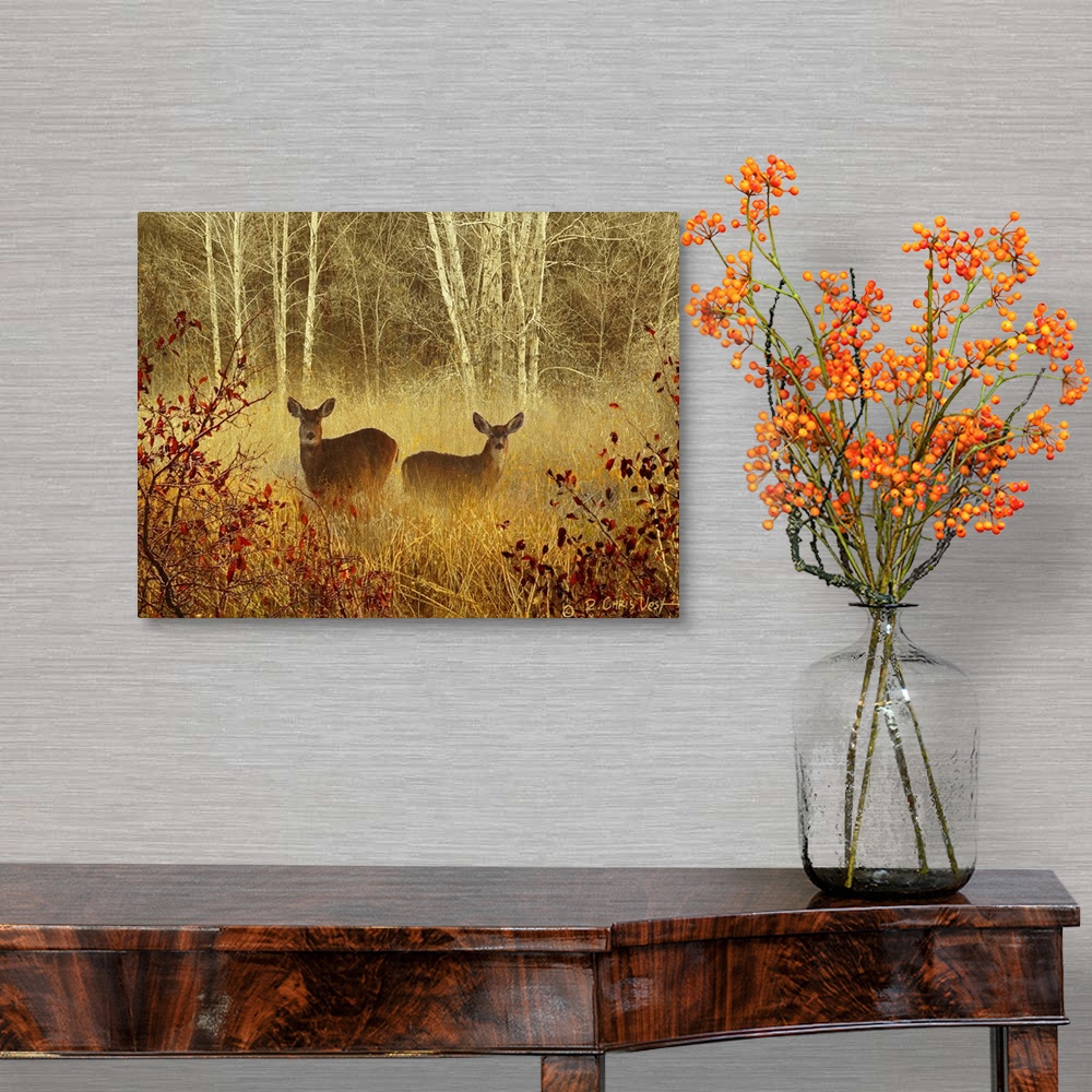 A traditional room featuring Big, horizontal wall picture of two deer standing in a light fog in a meadow, surrounded by tall ...