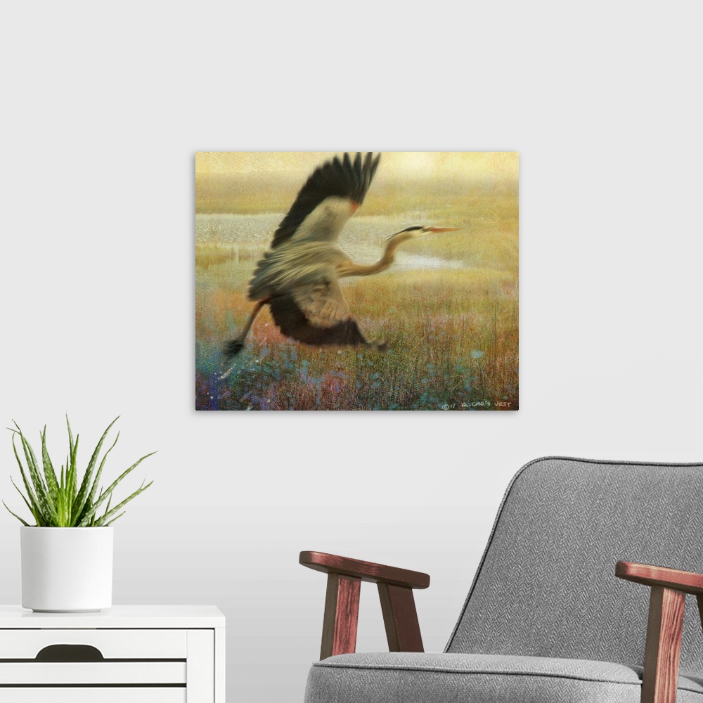 A modern room featuring A painting of a heron taking off into the air from a tall grass marshland.