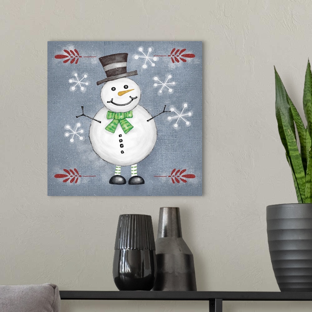 A modern room featuring Decorative artwork featuring a round snowman and snowflakes with paint splattered throughout.