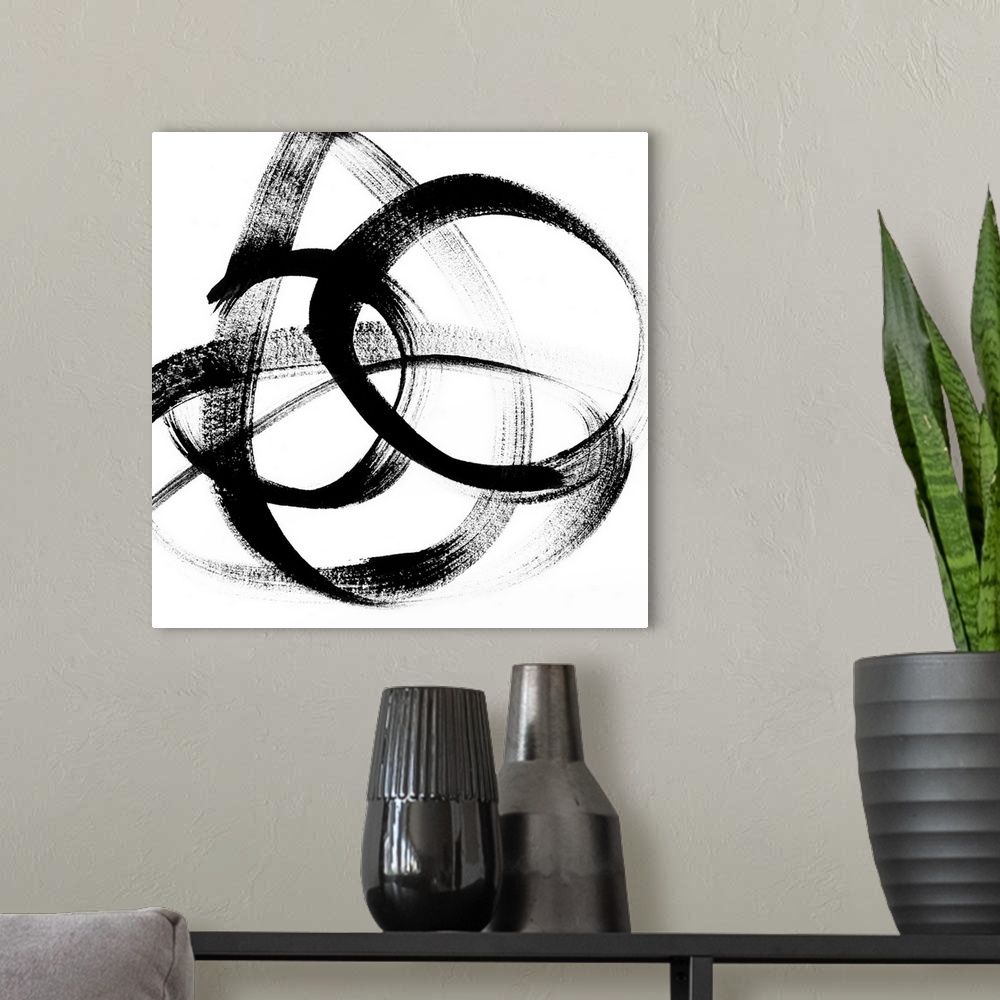 A modern room featuring Square abstract of bold curved brush strokes in black on a white background.