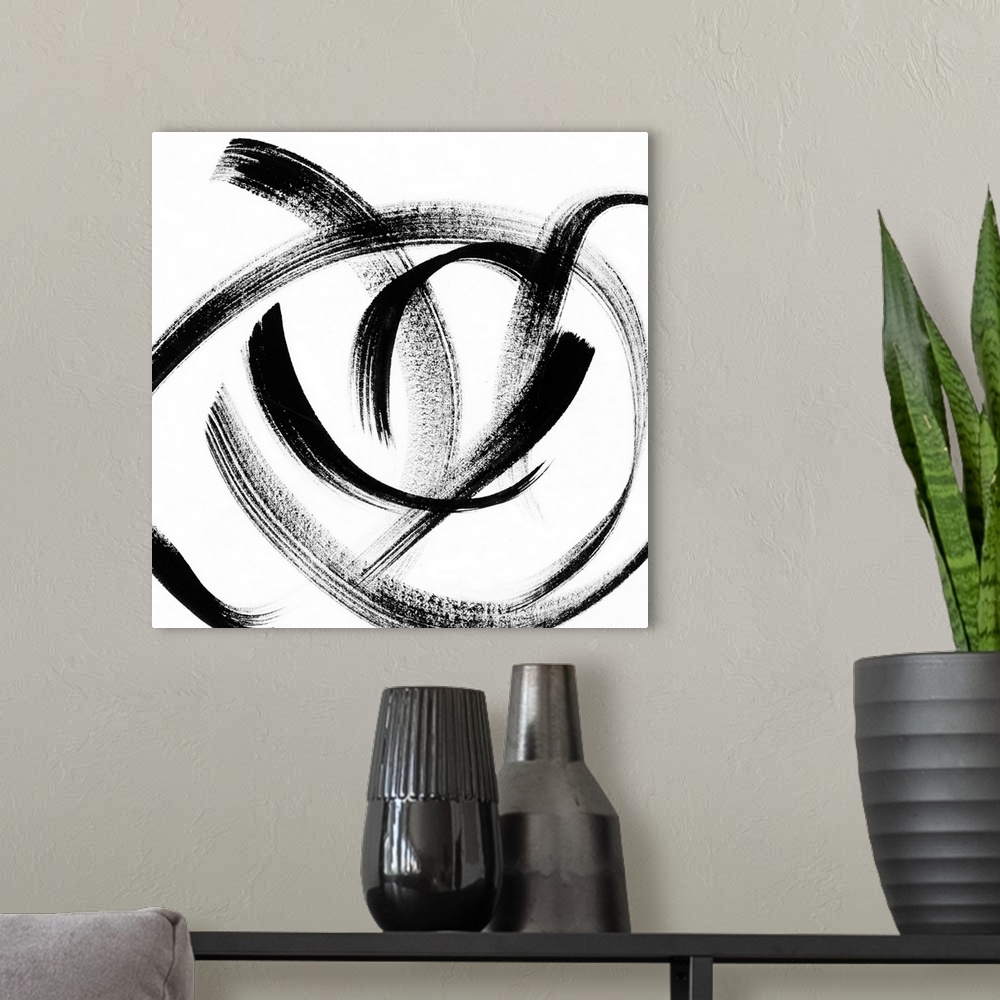 A modern room featuring Square abstract of bold curved brush strokes in black on a white background.