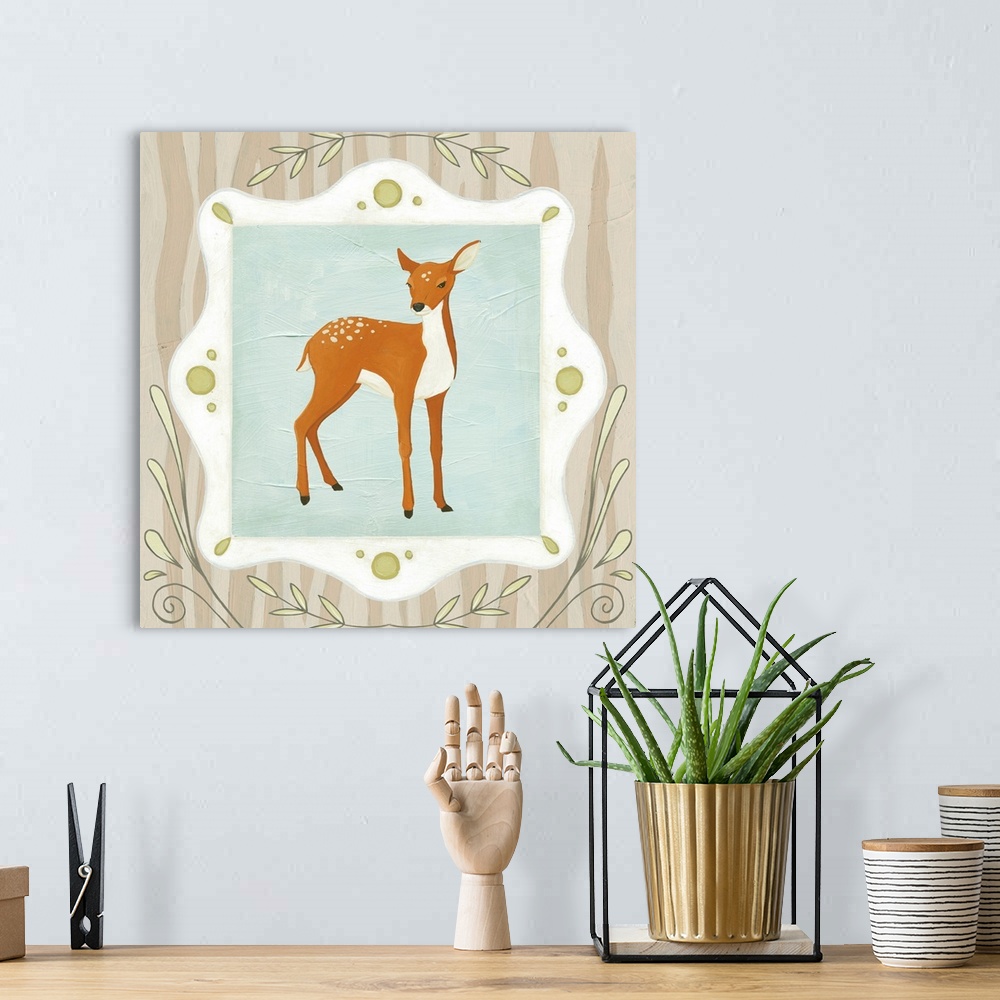 A bohemian room featuring Contemporary artwork of a cameo with a doe.
