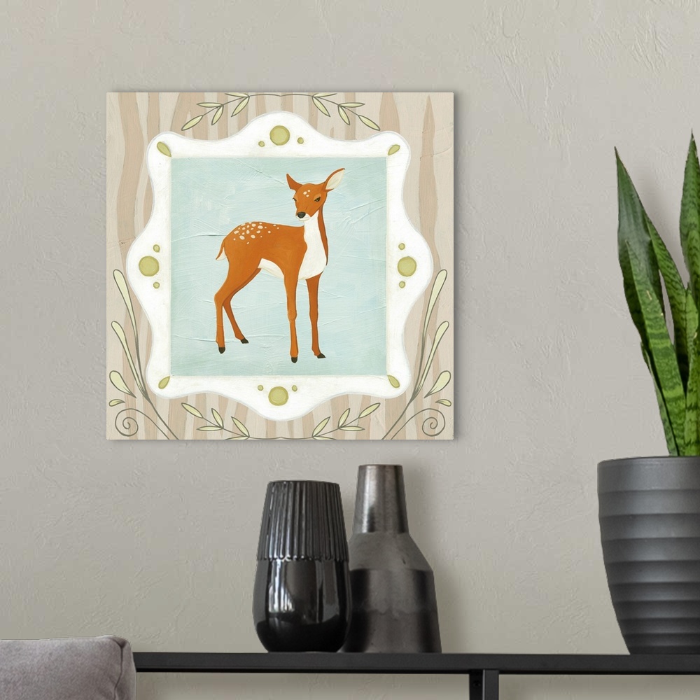 A modern room featuring Contemporary artwork of a cameo with a doe.