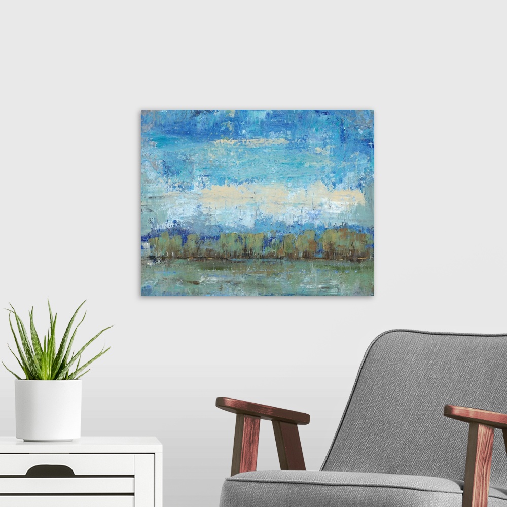A modern room featuring Semi-abstract painting of a grove of trees under a blue sky.